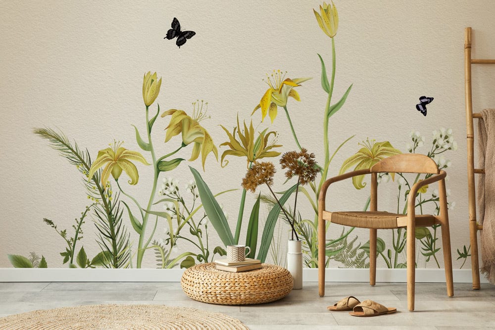 Vintage Botanical Floral Garden Mural Wallpaper in soft yellow-green with wooden chair, beige stone floor, butterflies.