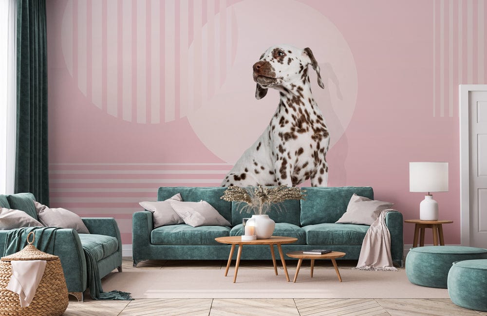 Dalmatian Delight pastel circles wallpaper, teal sofa, wooden tables, modern living room decor.