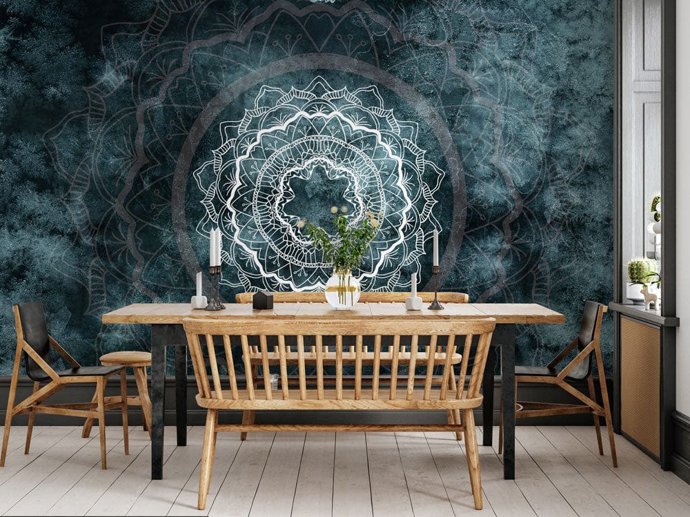 Teal Mandala Mist Mural Wallpaper in dining room, wooden table and chairs, light wooden flooring.
