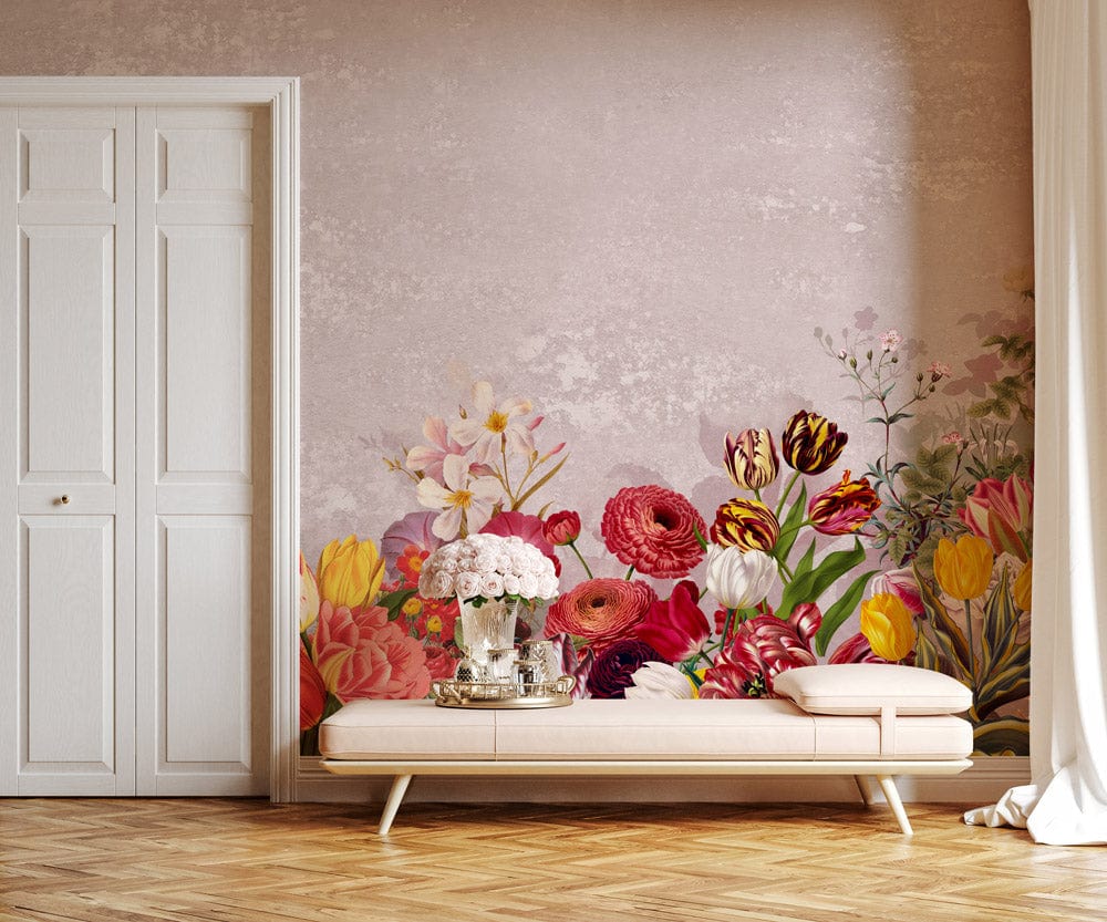 Vintage Floral Mural Wallpaper with vibrant red, pink flowers; beige sofa; wooden flooring; elegant room.