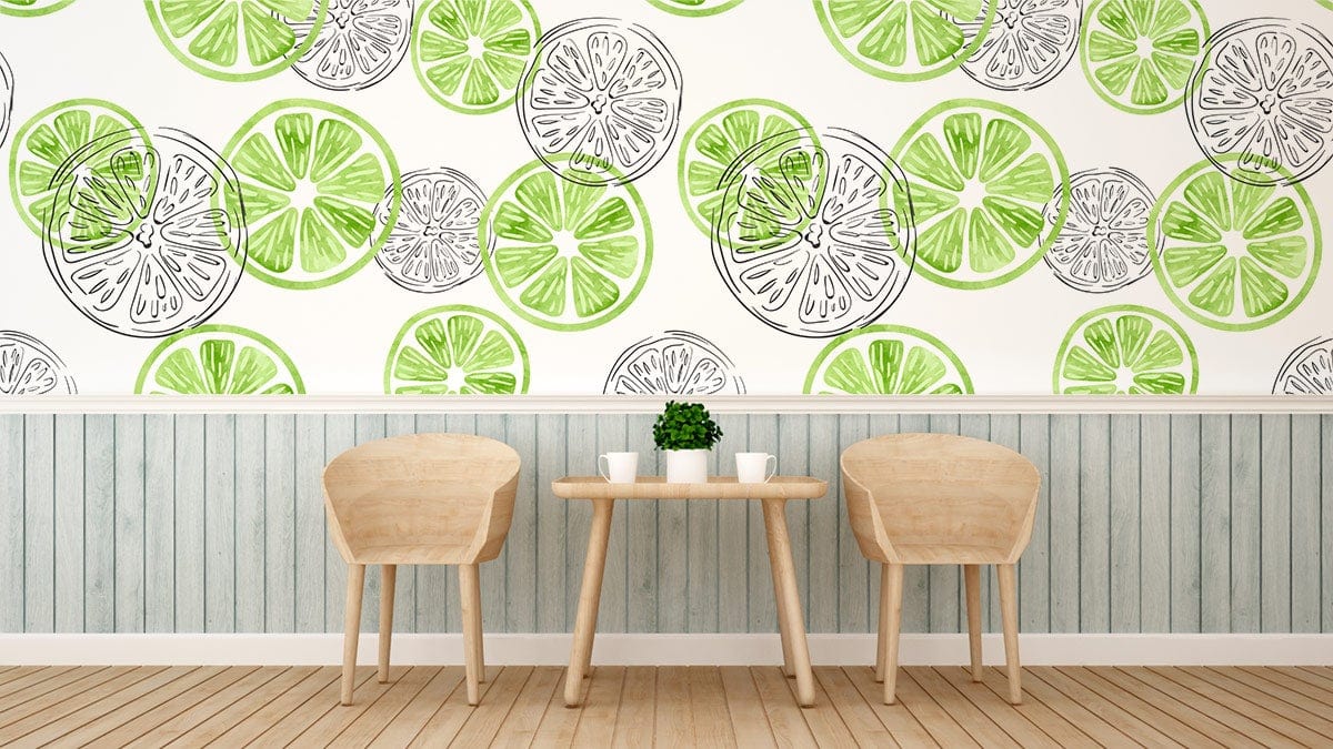 Vibrant lime citrus wallpaper with light wood chairs and table in a stylishly decorated room.