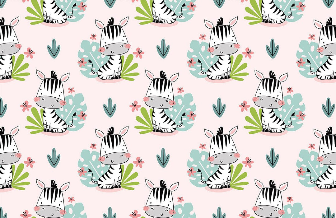 Playful Zebra Jungle Safari Nursery Wallpaper in Pastel Pink and Green