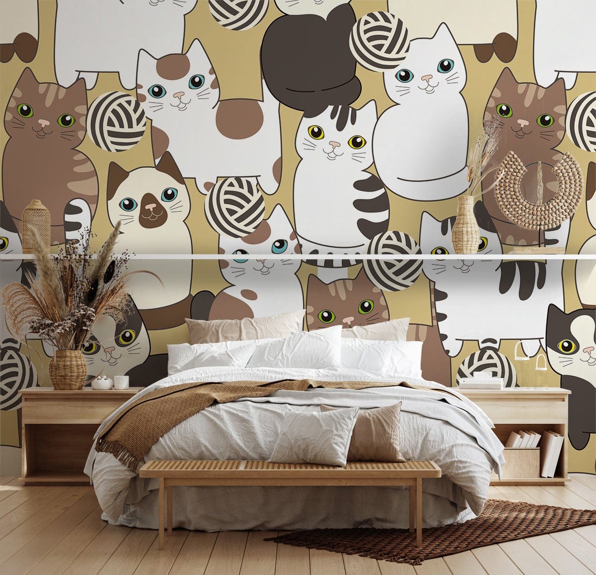Charming wallpaper with multicolour cats in a cosy bedroom; wooden bed, neutral tones, minimalist decor.