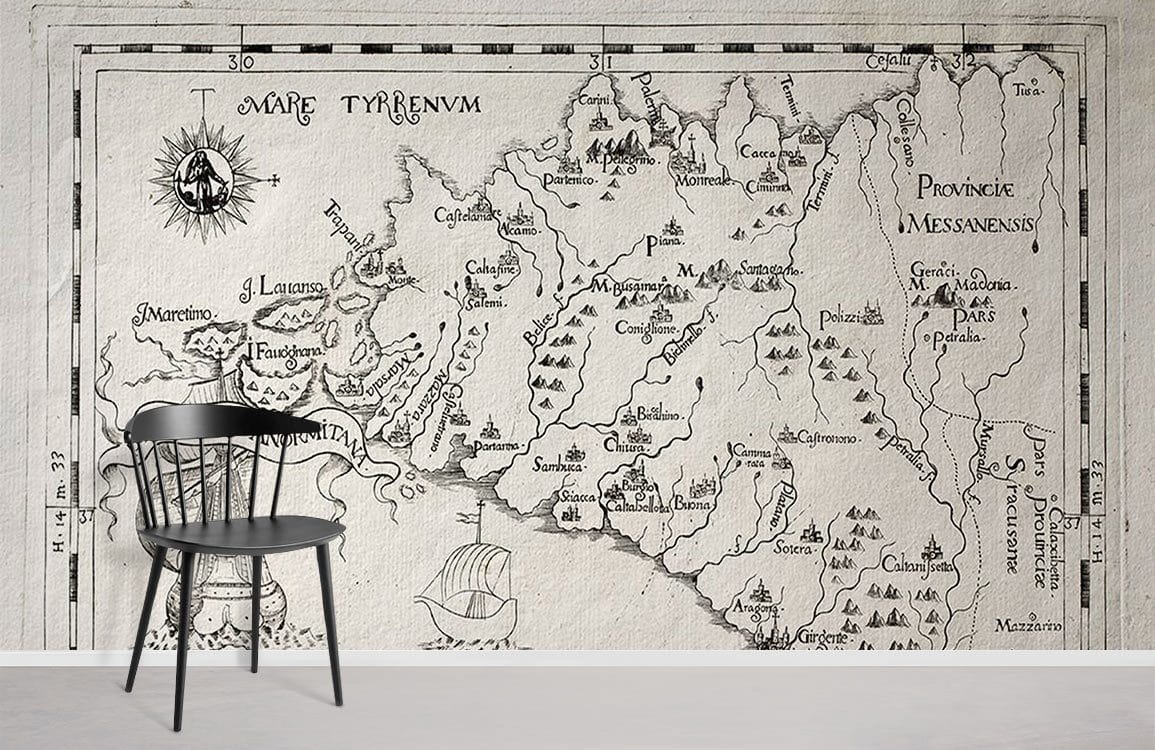 Antique black and white historical map mural with black chair, grey flooring, modern minimalist room design.