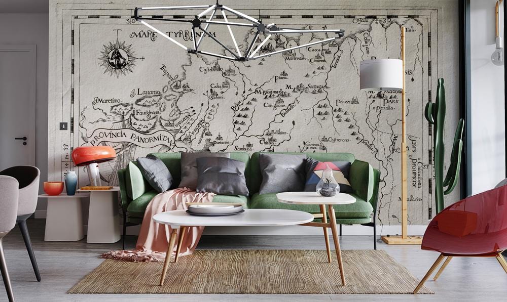 Antique Black and White Historical Map Mural Wallpaper, green sofa, modern chandelier, light wood flooring.