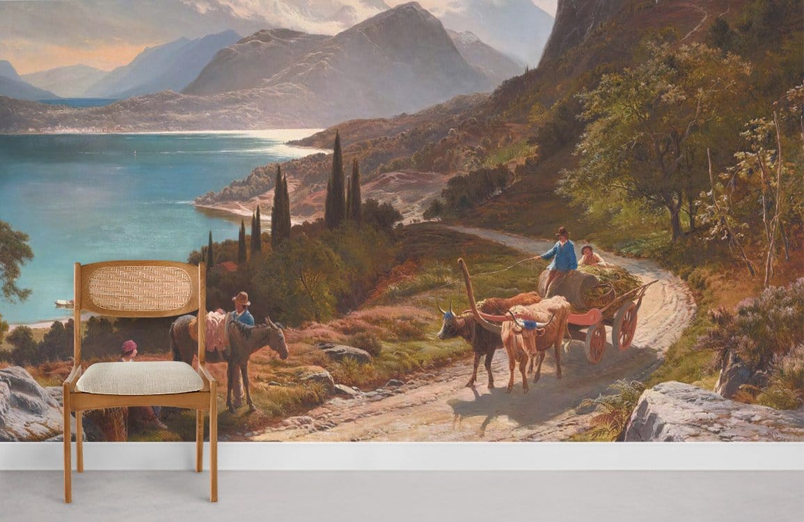 Idyllic mural featuring vintage countryside, rustic landscape with horse cart, wooden chair, light flooring.
