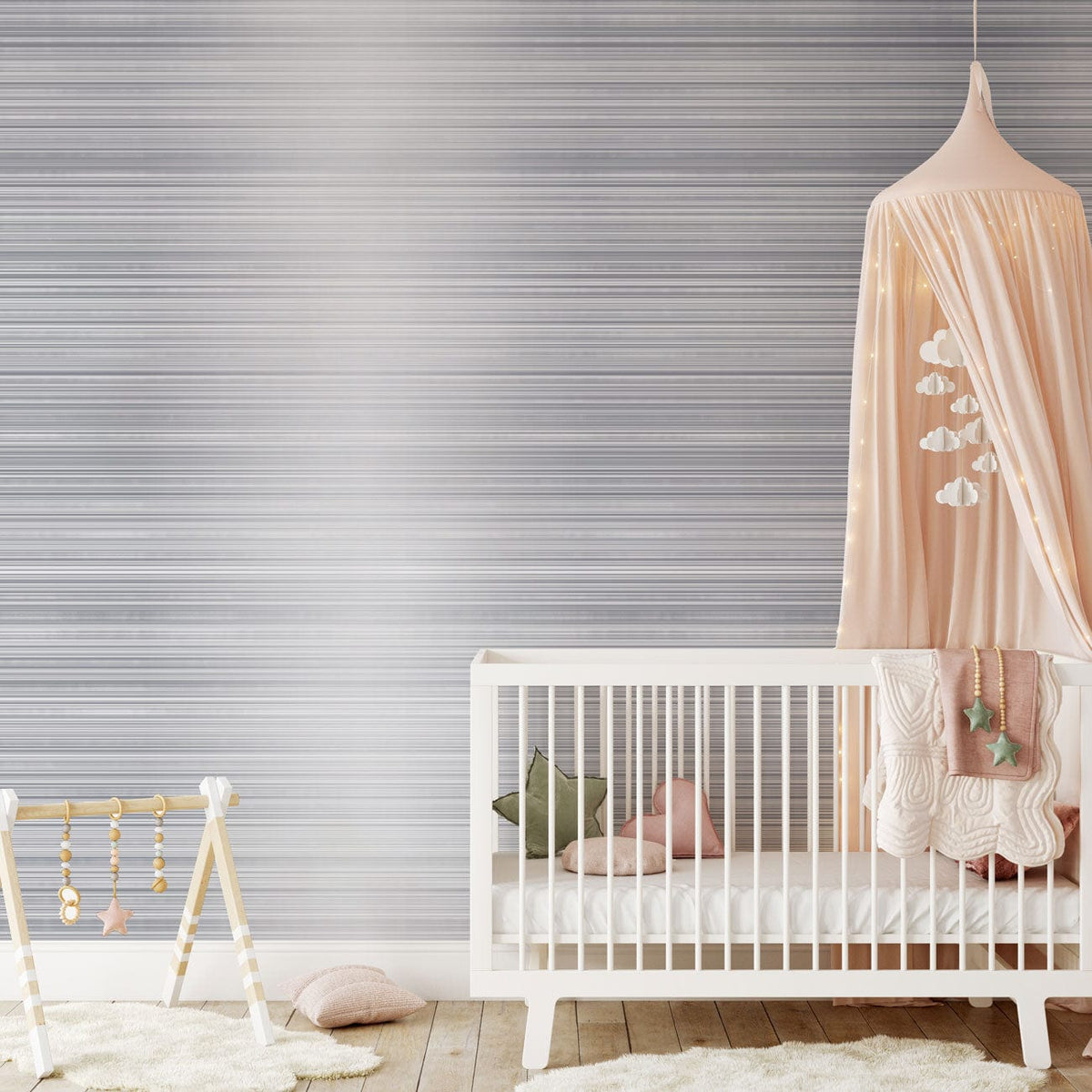Elegant grey striped wallpaper in nursery, pink canopy, white cot, wooden flooring, minimalist style.