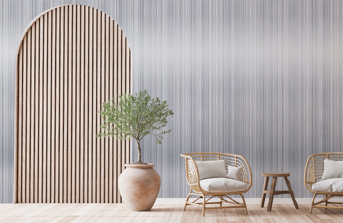 Elegant grey striped wallpaper, wooden arch, rattan chairs, modern interior design, light wood flooring.