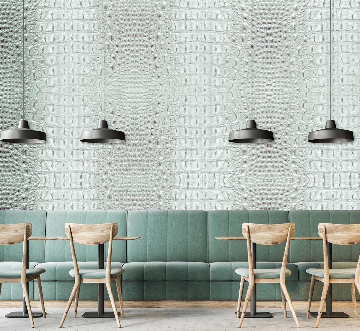 Elegant grey crocodile pattern wallpaper, luxury home decor, teal sofa, wooden chairs, modern pendant lights.