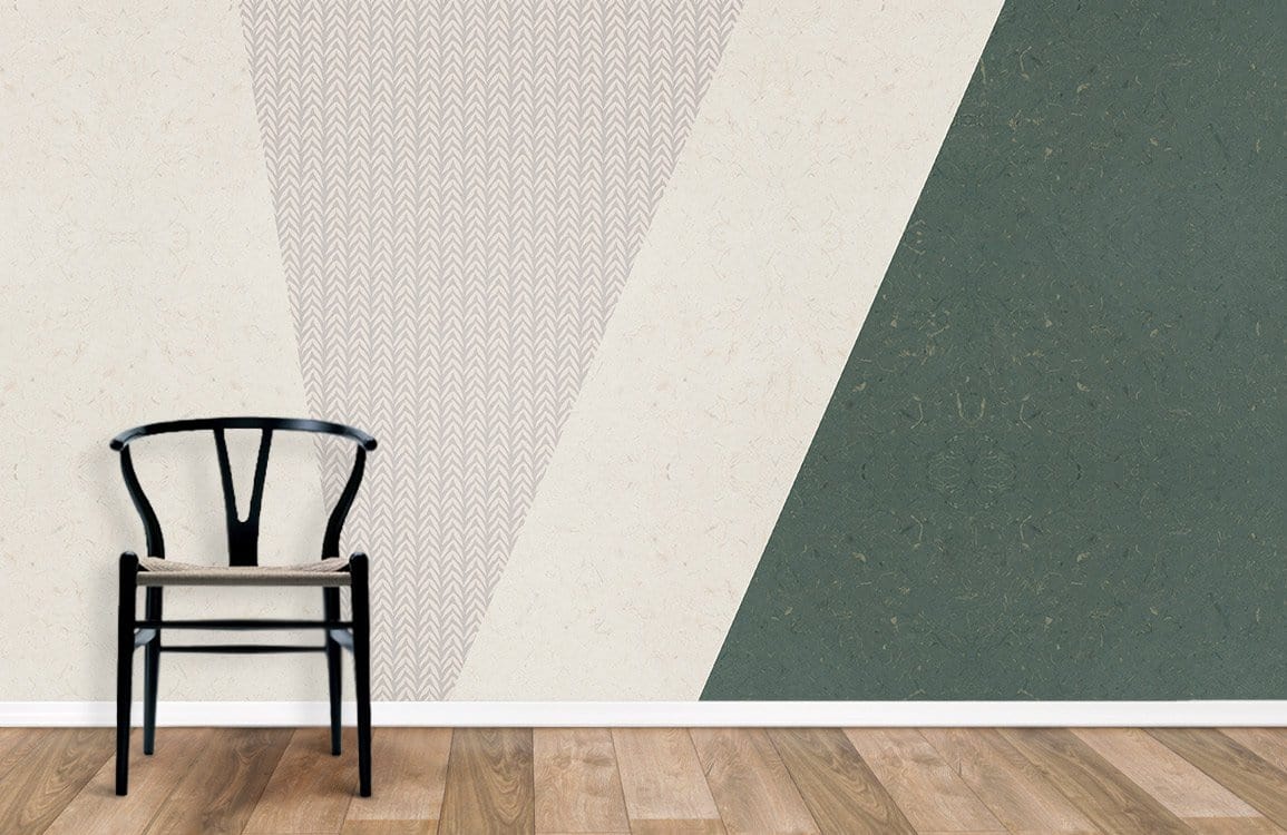 Modern Geometric Green Grey Triangular Wallpaper Décor in room with black chair, wood flooring.