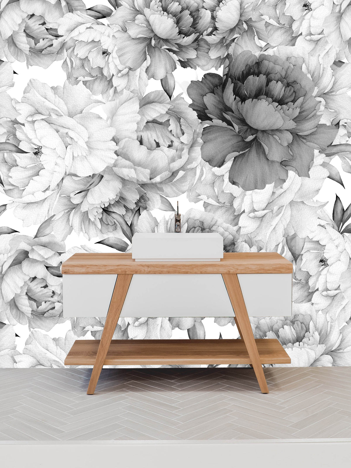 Elegant floral pattern wallpaper, monochrome design, with modern sink unit and light patterned flooring.