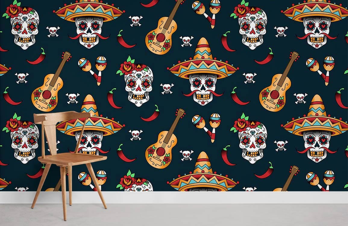 Vibrant Mexican Festival Skull and Guitar Pattern Wallpaper Mural Design