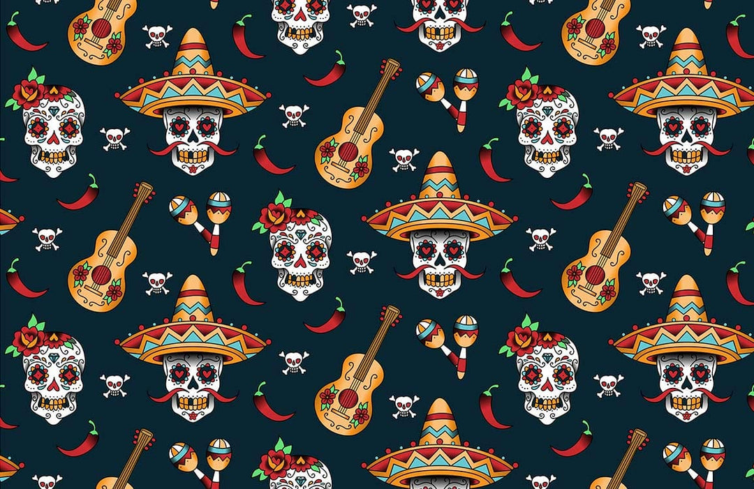 Vibrant Mexican Festival skull and guitar pattern wallpaper mural, featuring colourful sombrero designs.