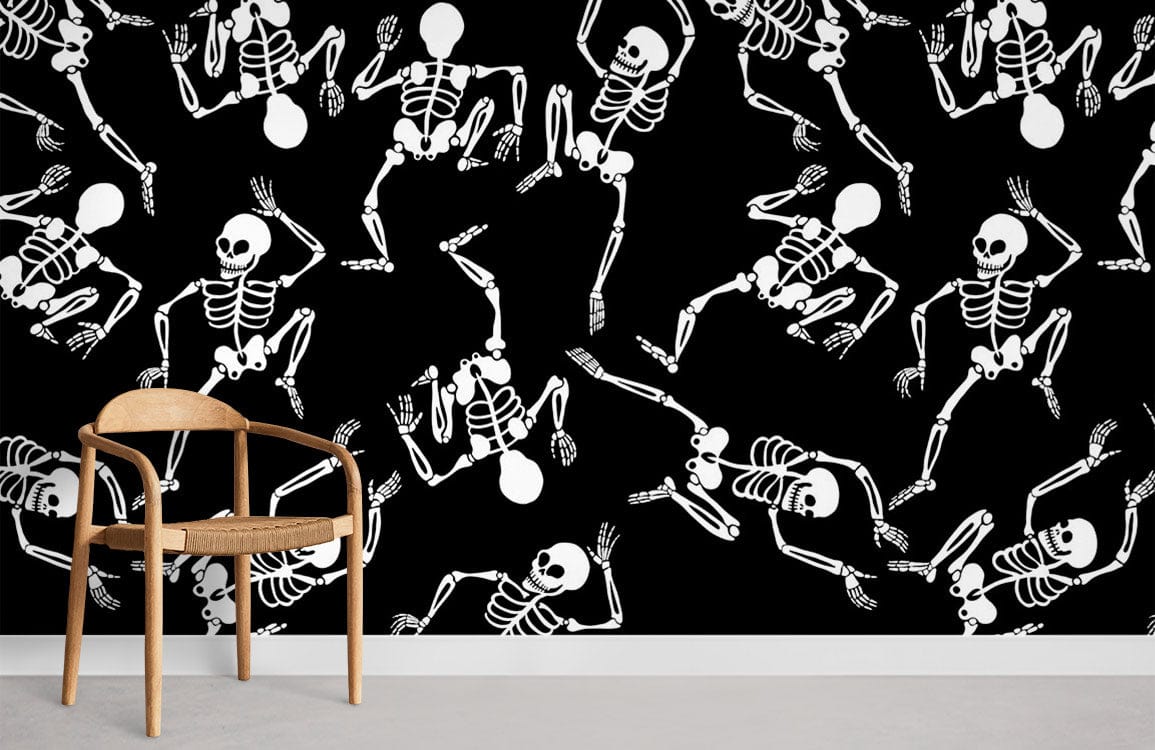 Dancing skeleton black and white Halloween pattern wallpaper with wooden chair, grey flooring, modern decor.