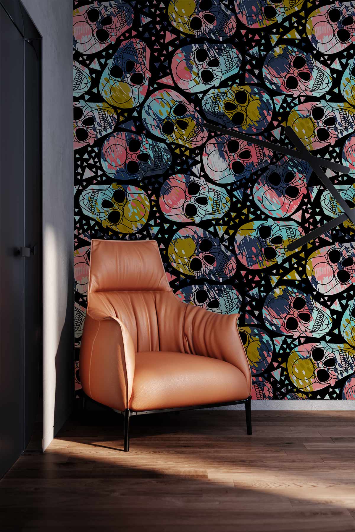 Vibrant geometric skull wallpaper in colourful artistry with a tan leather chair and wooden flooring.
