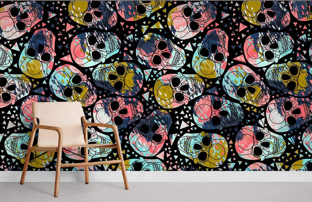 Vibrant Geometric Skull Pattern Wallpaper in colourful setting, featuring a modern beige armchair, contemporary design.
