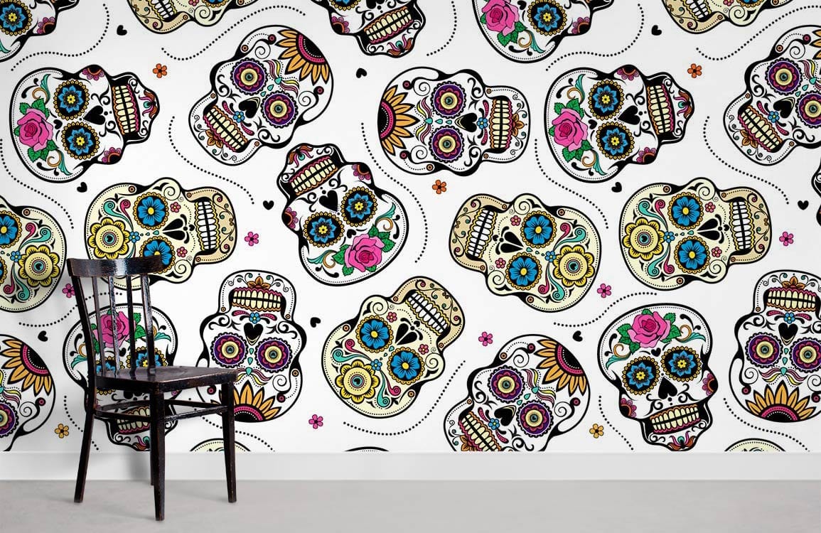 Colourful Day of the Dead sugar skulls wallpaper mural with black chair on grey floor.