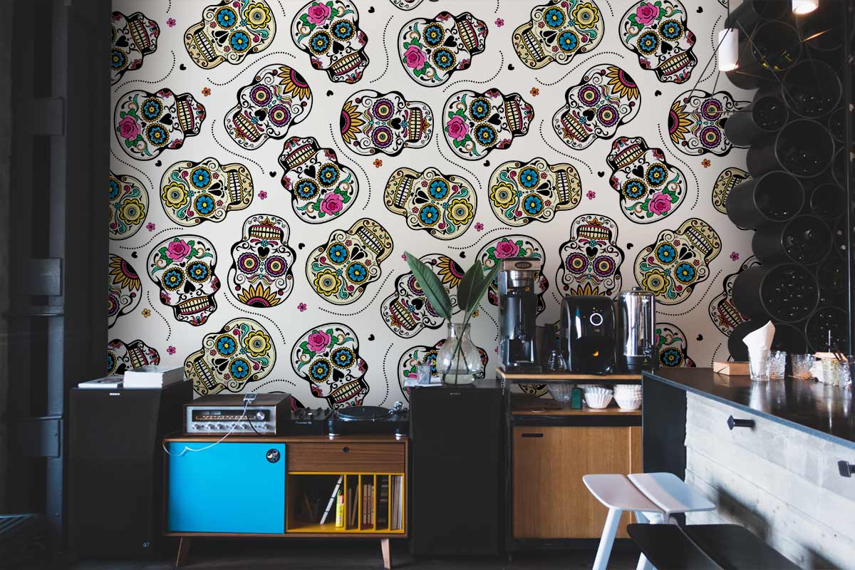Colourful Day of the Dead Sugar Skulls Wallpaper Mural in kitchen with modern cabinets and bar stools.