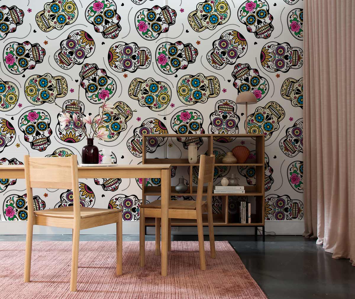Colourful Day of the Dead Sugar Skulls Wallpaper Mural in dining room with wooden furniture, pink rug.