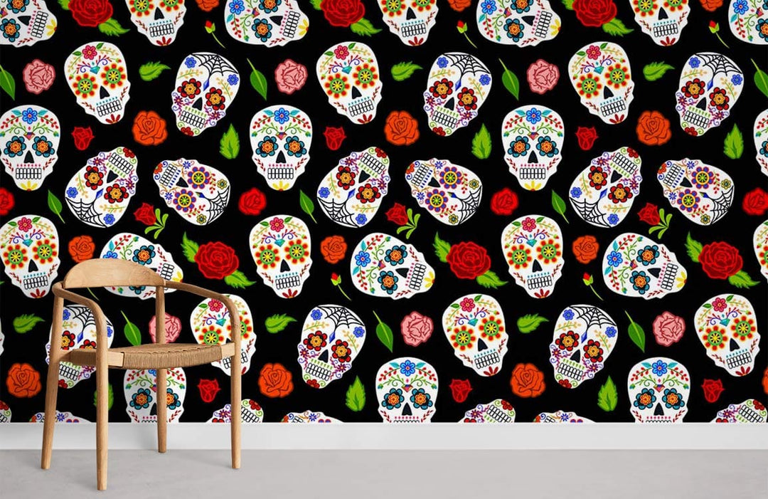 Vibrant Sugar Skulls and Roses Black Wallpaper with chair, minimalistic room decor, grey flooring.