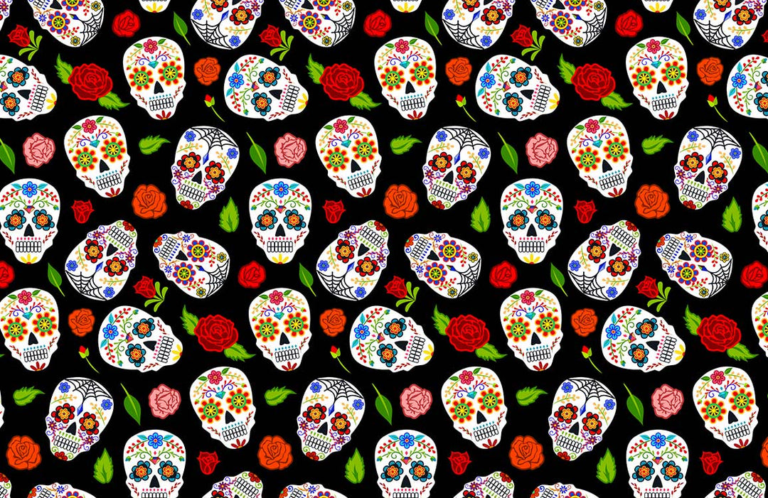 Vibrant Sugar Skulls and Roses Patterned Black Wallpaper for Festive Decor