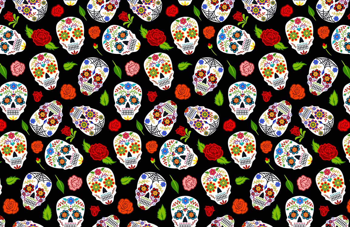 Vibrant Sugar Skulls and Roses Patterned Black Wallpaper for Festive Decor