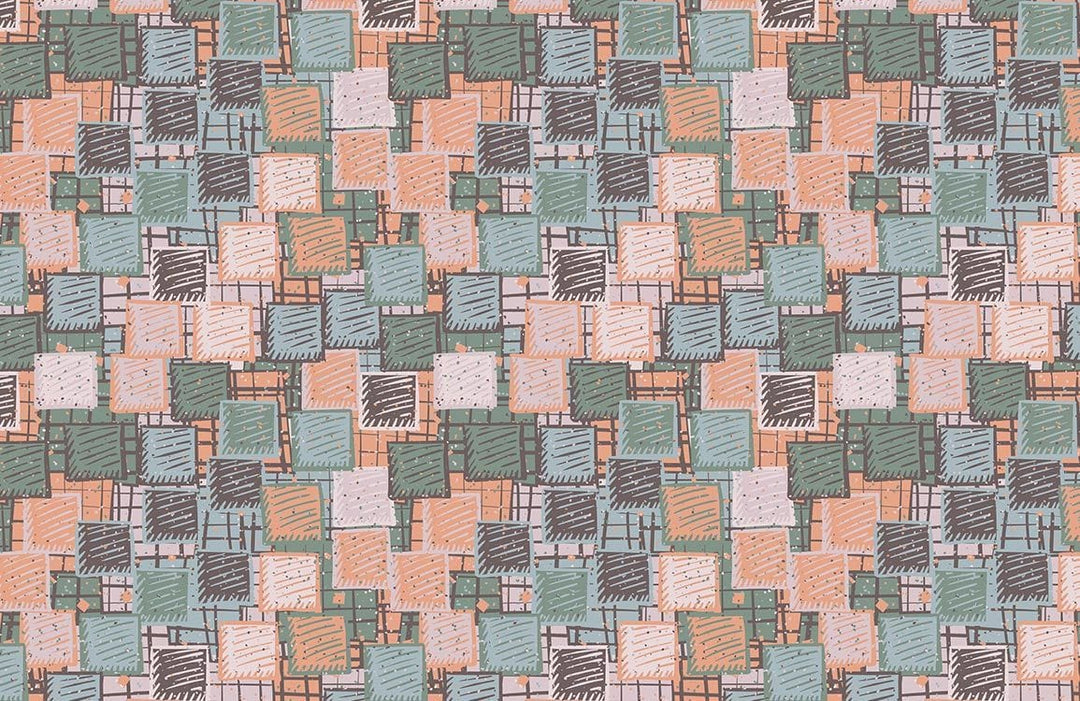 Modern Retro Geometric Patchwork Wallpaper in Pastel Colours and Hand-Drawn Style