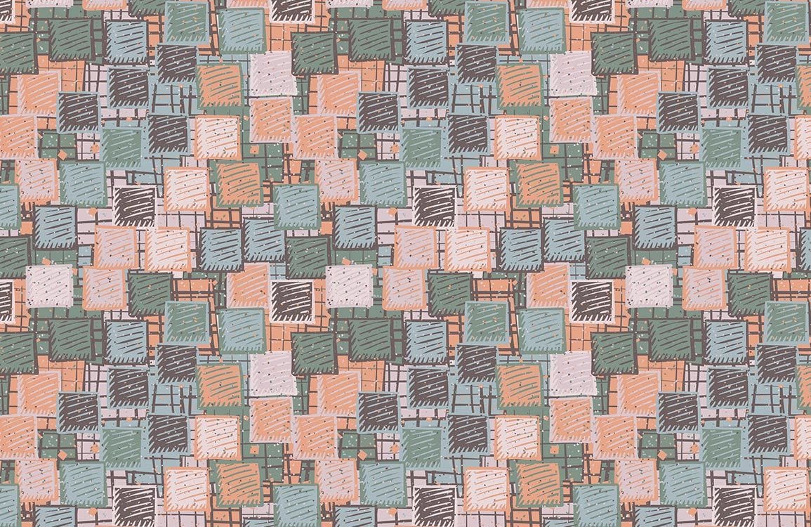 Modern Retro Geometric Patchwork Wallpaper in Pastel Colours and Hand-Drawn Style
