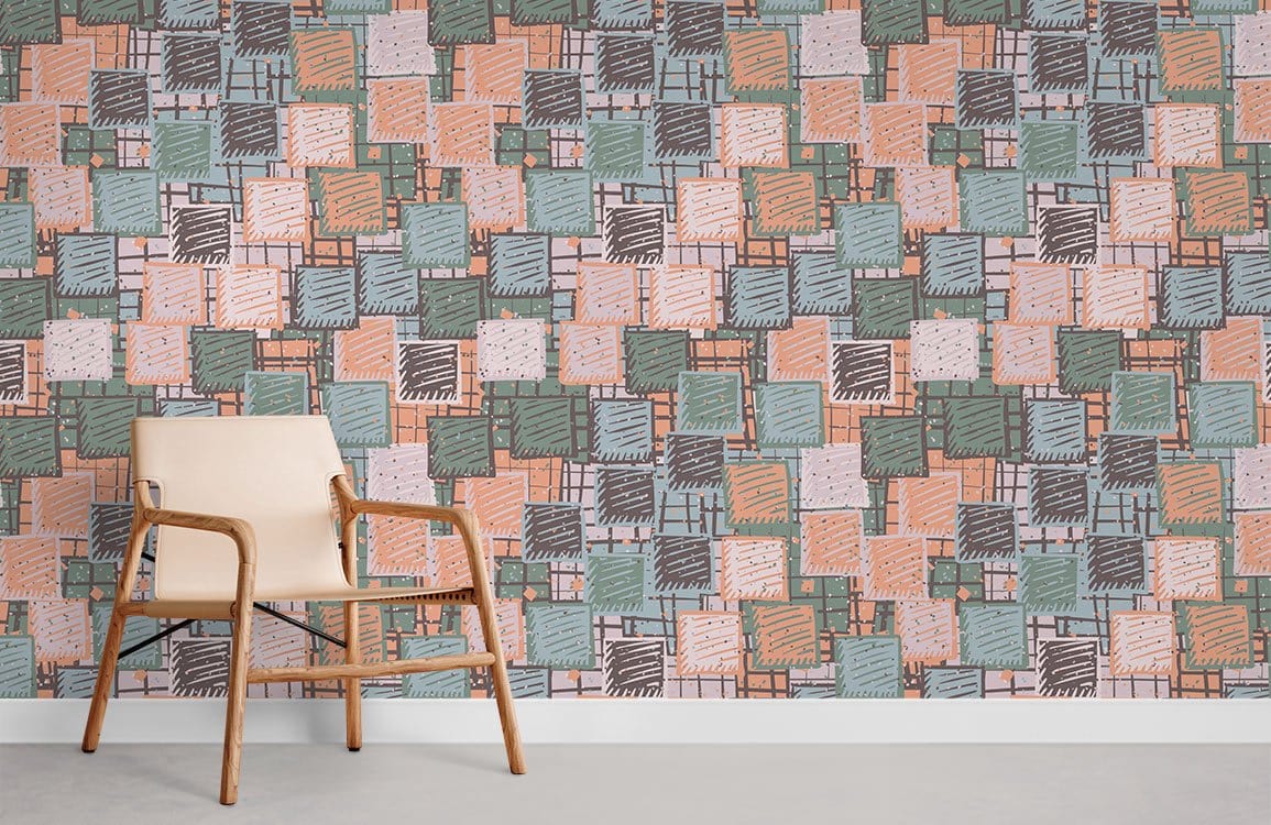 Modern retro geometric wallpaper in pastel with hand-drawn style, natural wood chair, minimalist decor.