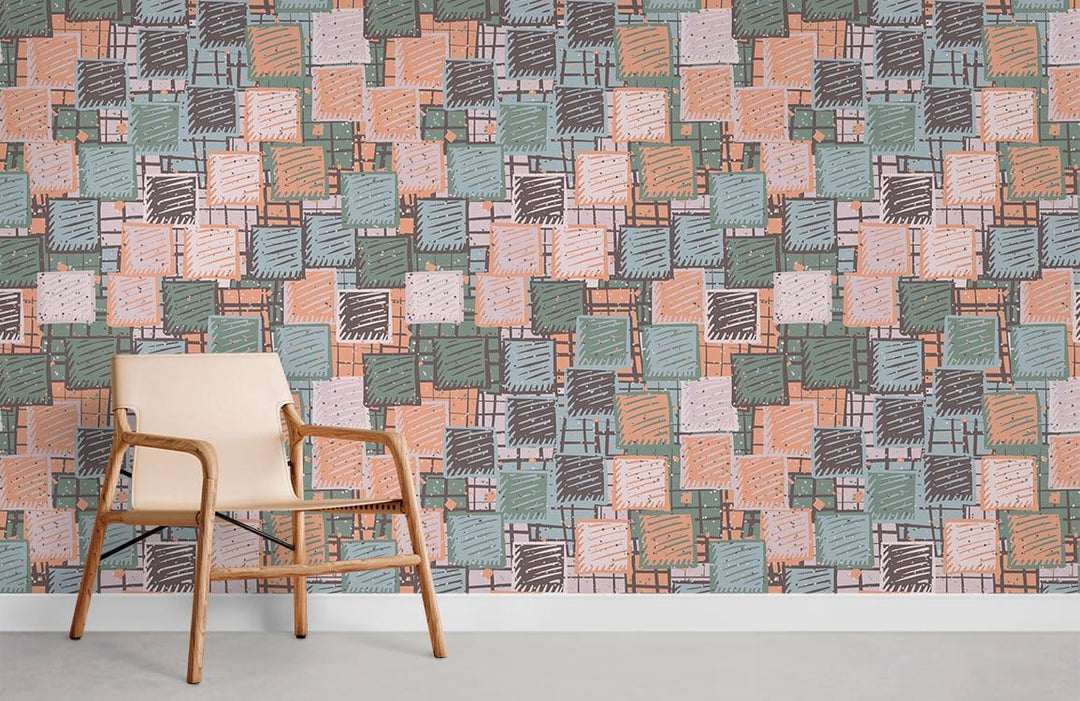 Modern retro geometric wallpaper in pastel with hand-drawn style, natural wood chair, minimalist decor.