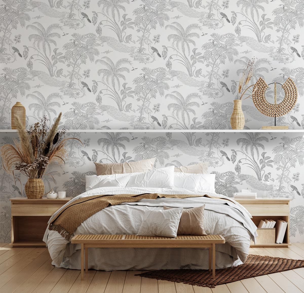 Elegant monochrome jungle wallpaper, tropical design, in bedroom with wooden bed, pale flooring, minimal decor.