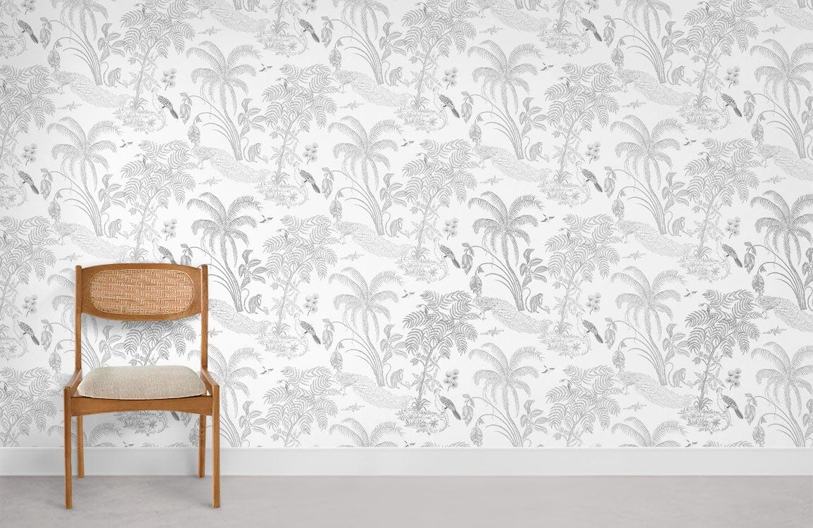 Elegant Monochrome Jungle Paradise Wallpaper, botanical design, wooden chair, grey flooring, minimalist decor.
