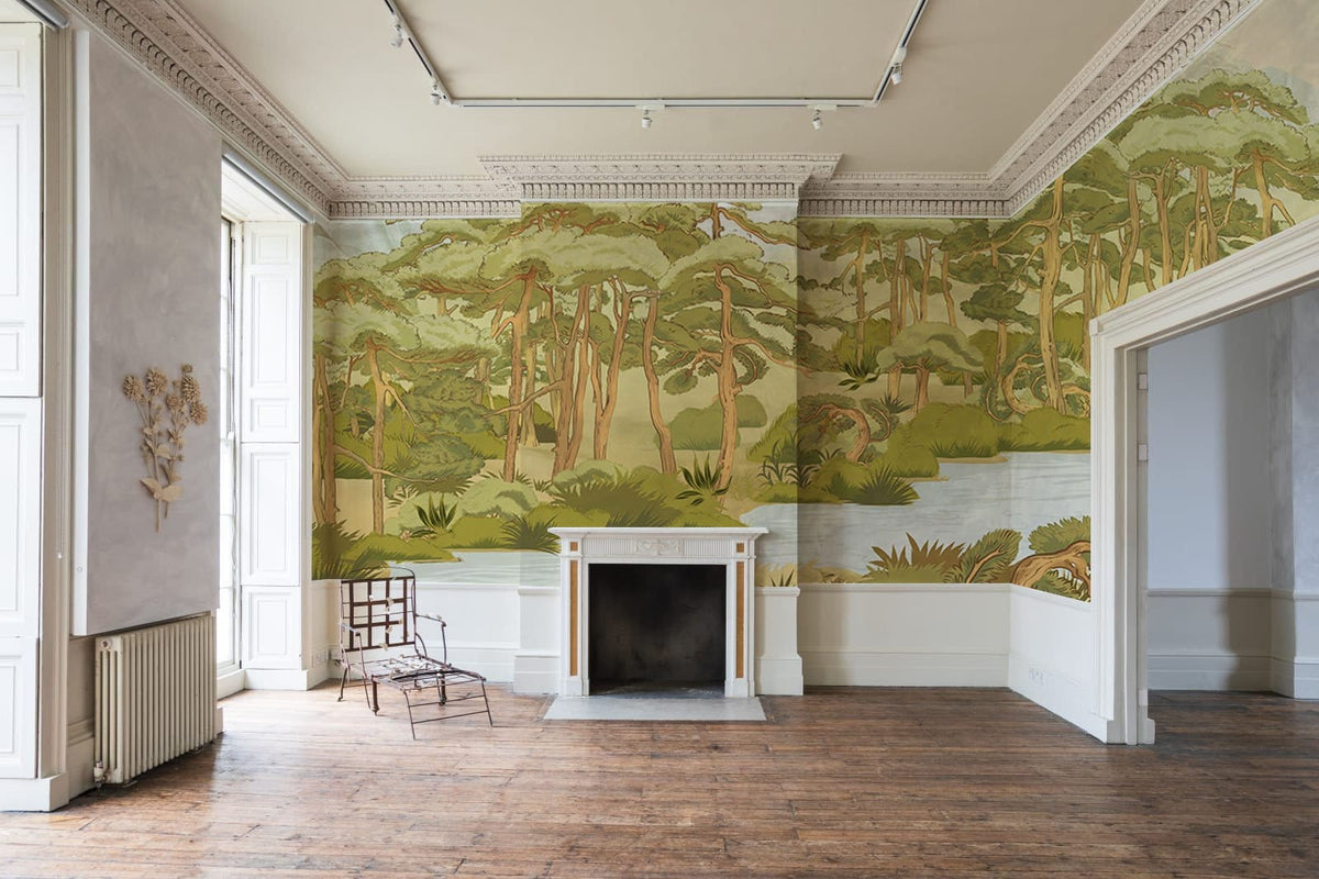 Tranquil forest mural wallpaper, serene river, classic fireplace, wooden flooring, elegant room design.