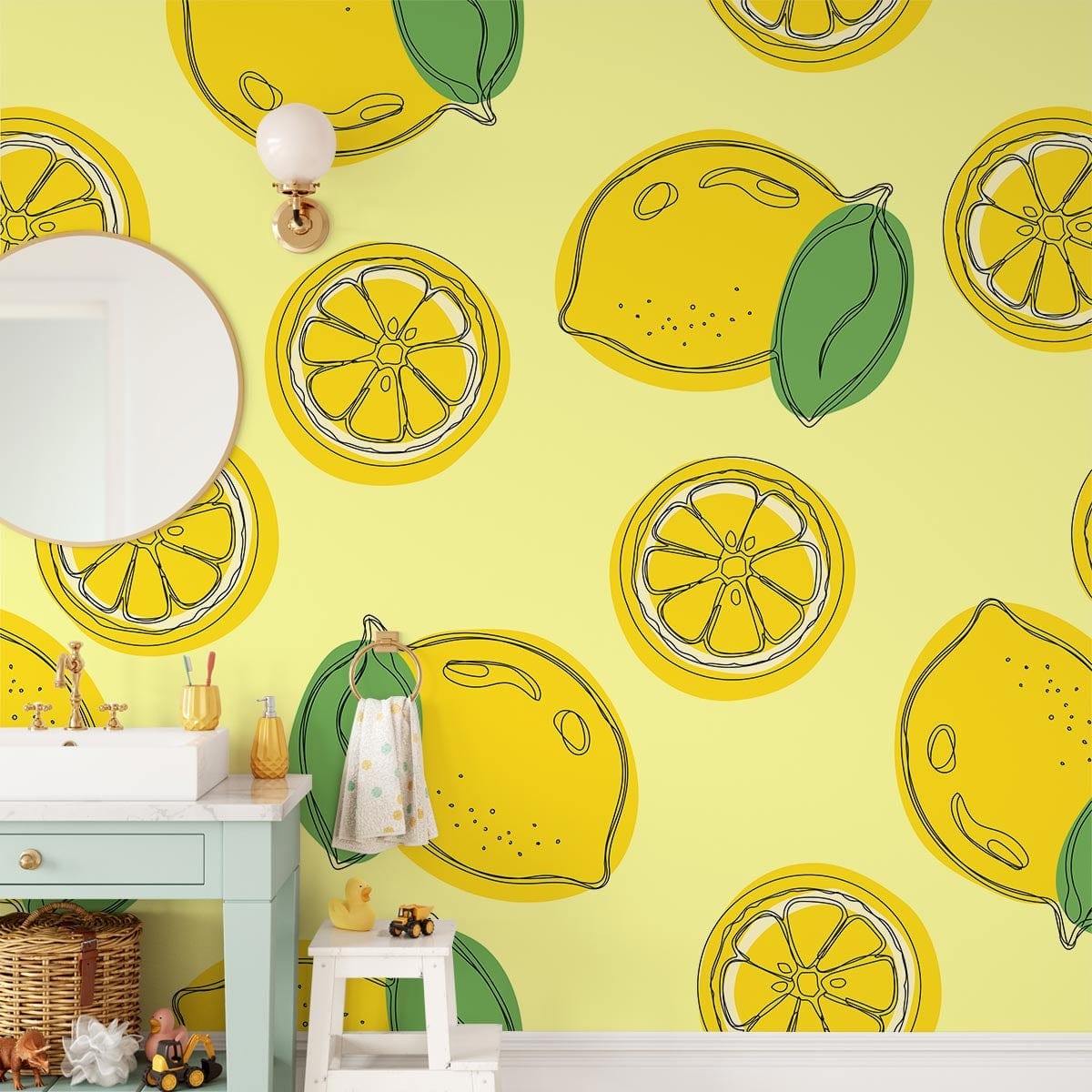 Lively yellow lemons wallpaper with green side table in brightly decorated room; perfect for kitchens.