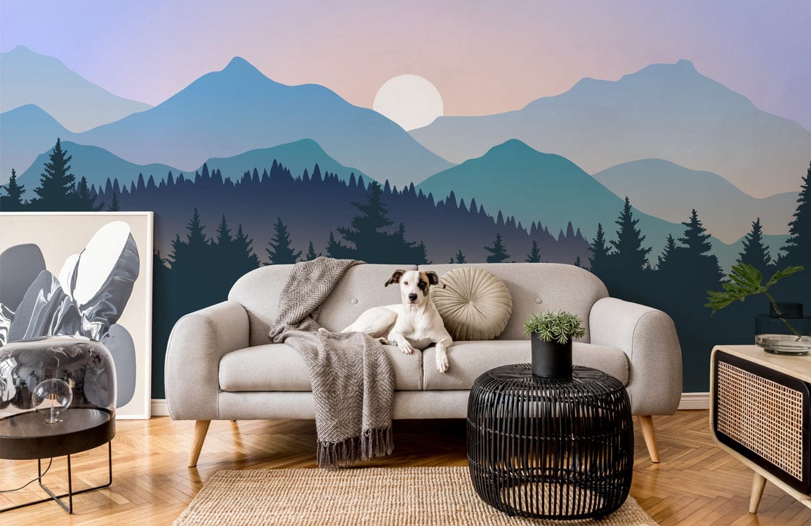 Tranquil Mountain Sunset Mural Wallpaper, serene blues and greens, grey sofa, wooden flooring, living room.