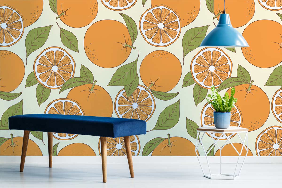 Vibrant Citrus Delight wallpaper with blue bench, modern table, pendant light in stylish room setting.