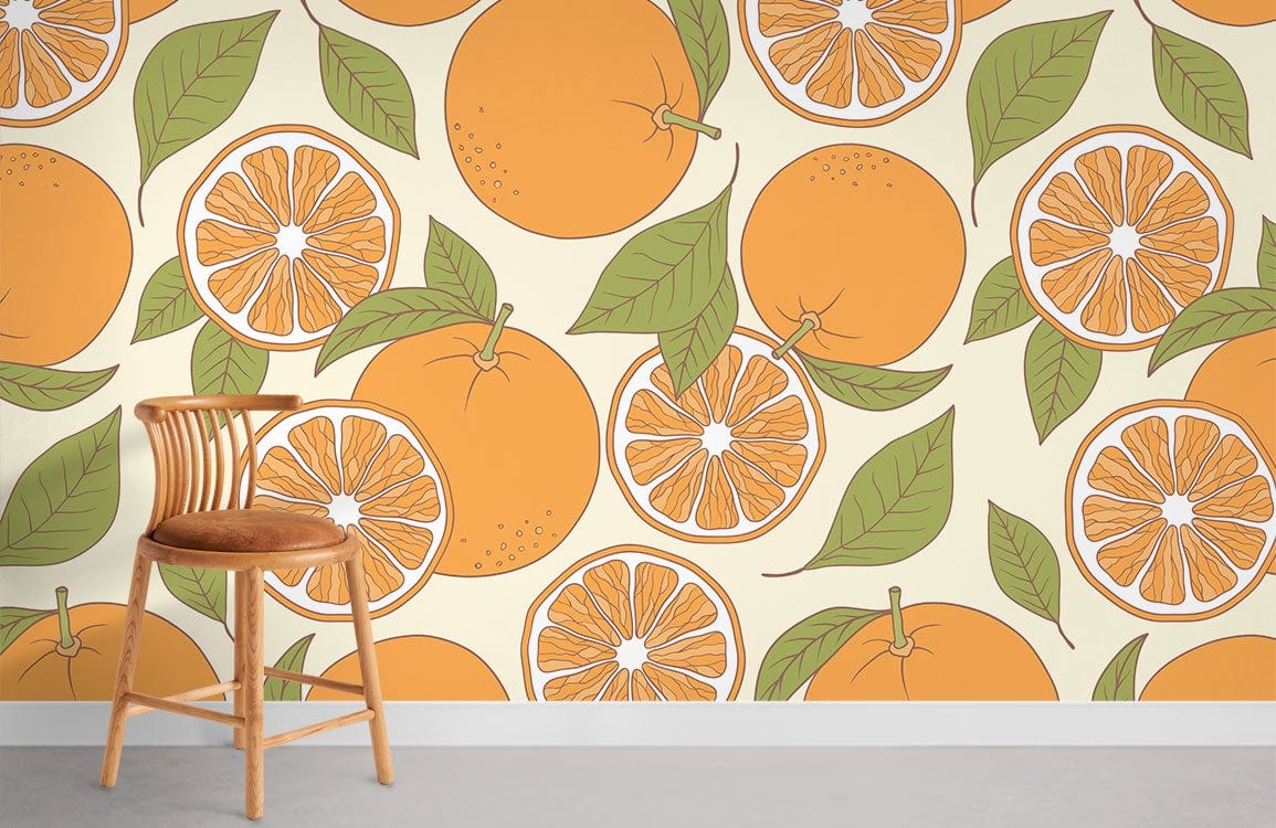Vibrant Citrus Delight wallpaper with orange and green pattern, wooden chair, neutral flooring.