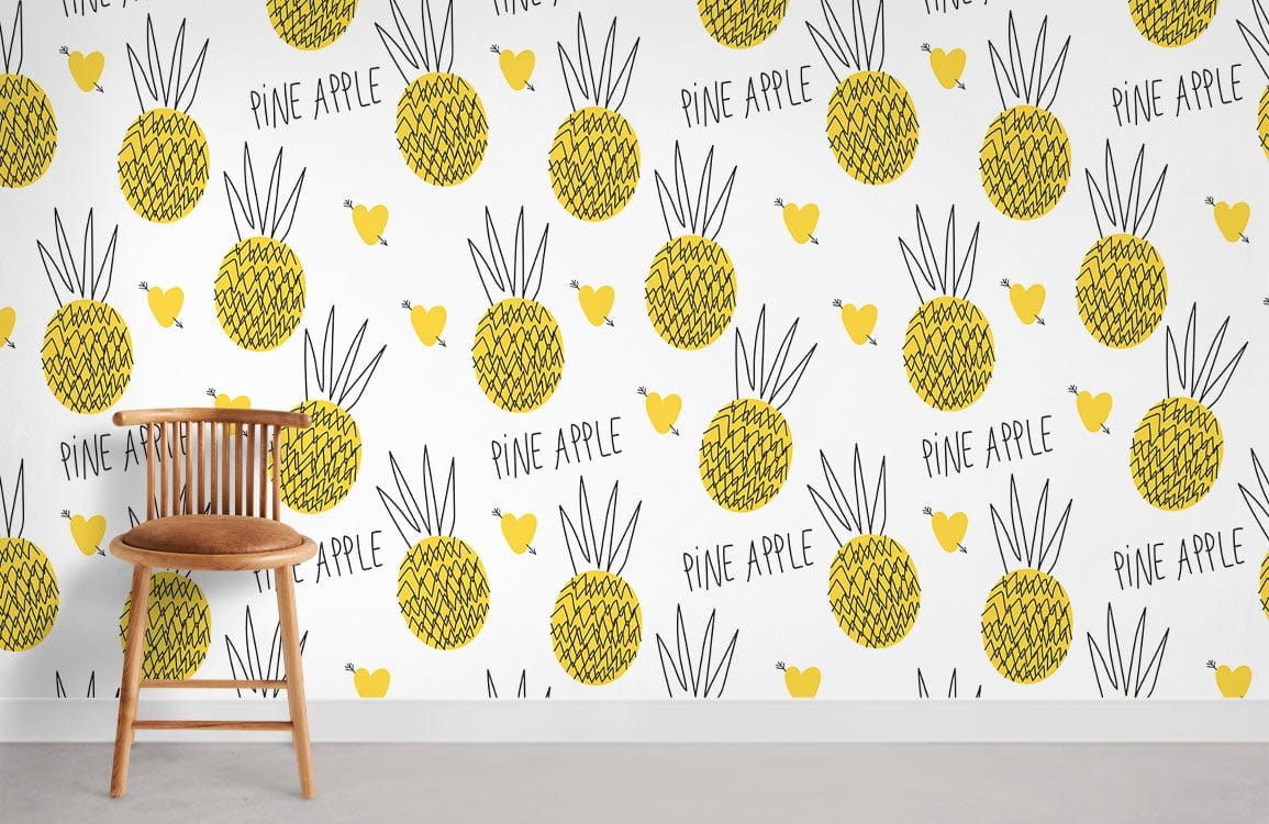 Tropical pineapple wallpaper with yellow pattern, wooden chair, grey flooring, modern fruit Décor dimension.