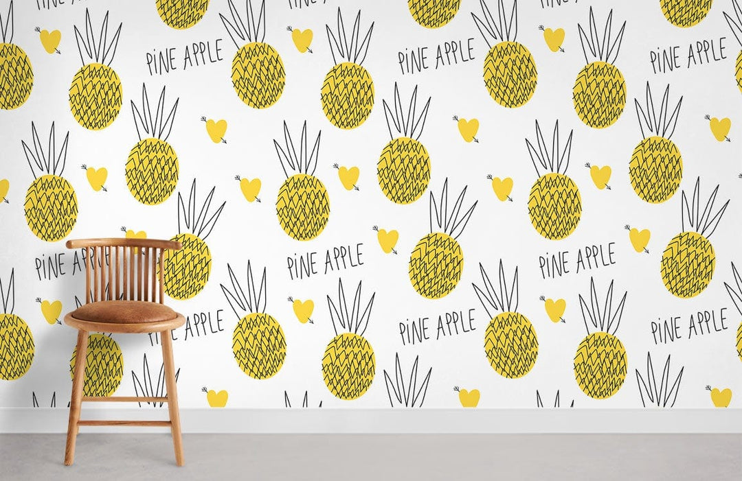 Tropical pineapple wallpaper with yellow pattern, wooden chair, grey flooring, modern fruit Décor dimension.