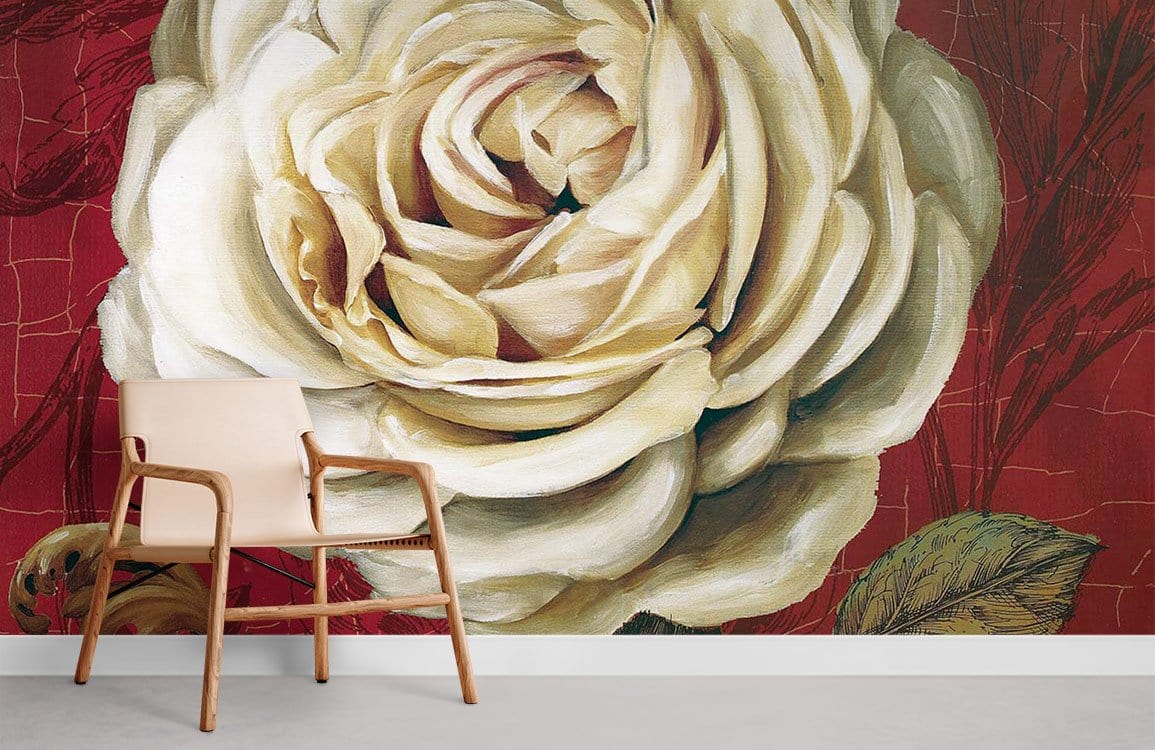 Vintage Botanical Mural Wallpaper with white rose, burgundy background, beige chair, grey flooring.