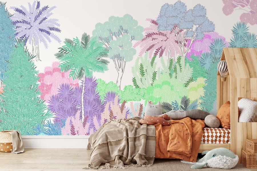 Pastel Tropical Botanical Paradise mural in nursery with wooden bed and oak flooring; soft, colourful tones.