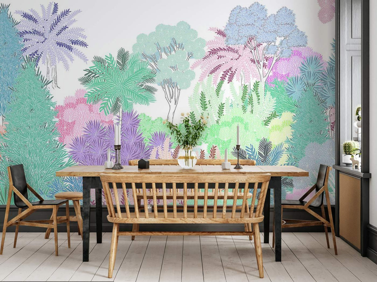 Pastel Tropical Botanical Paradise Mural Wallpaper with wooden dining set, white flooring, and pastel decor.
