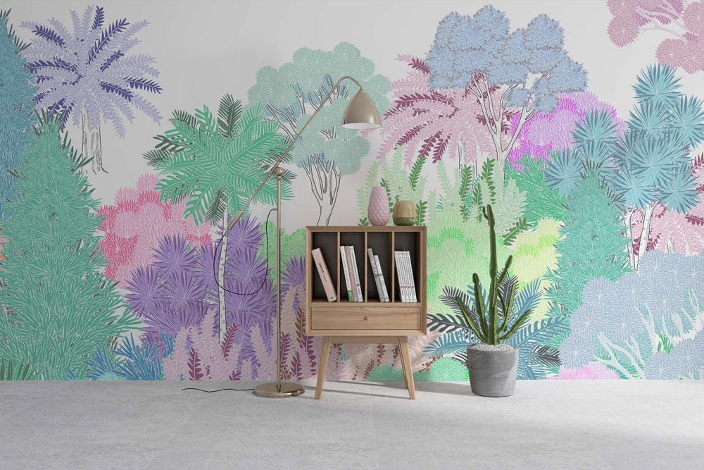 Pastel tropical botanical paradise mural wallpaper, wooden cabinet, floor lamp, modern grey flooring, potted plant.