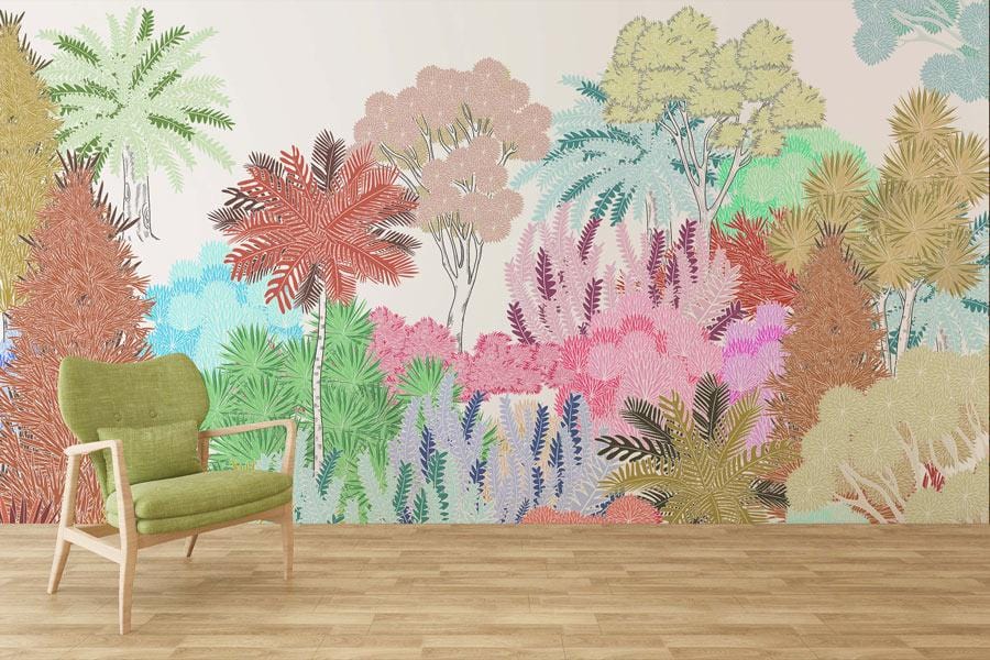 Colourful tropical jungle mural wallpaper with lush design, green mid-century chair, wooden flooring.