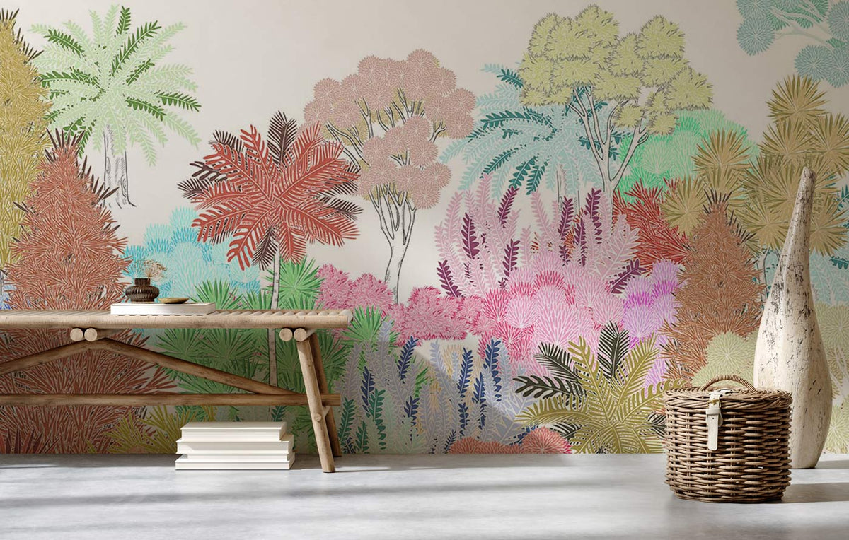 Colourful tropical jungle mural in living room with wooden bench, pastel forest design, grey flooring.