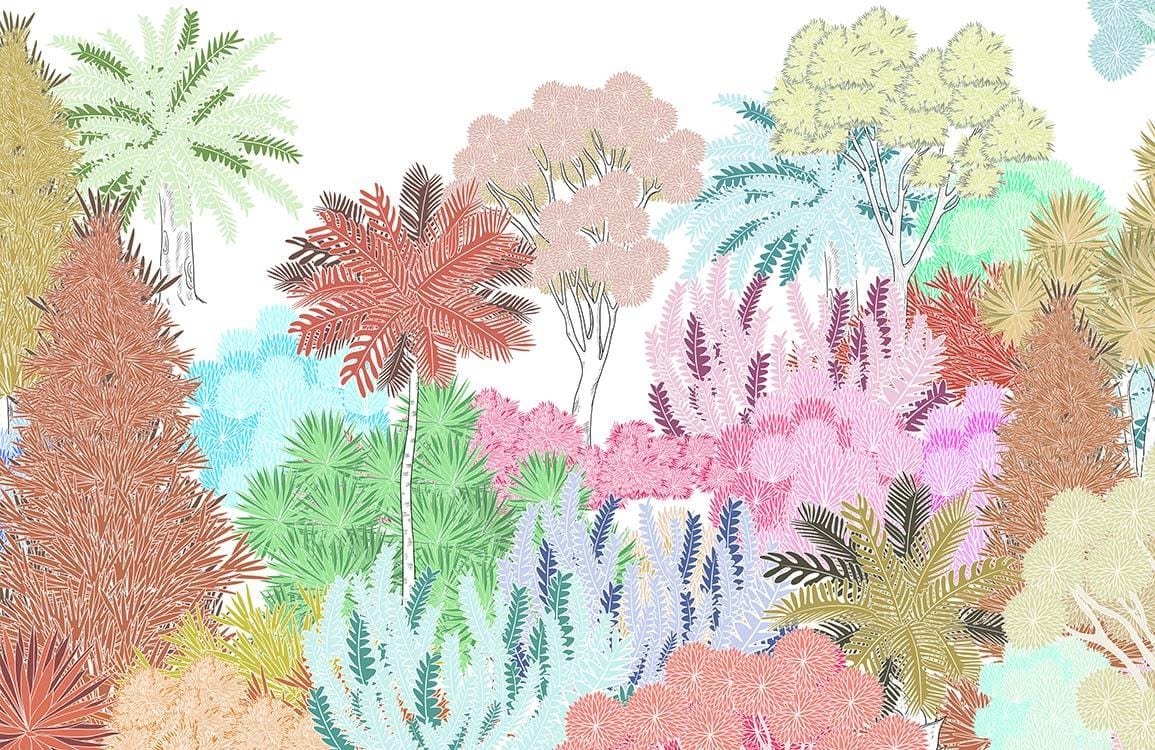 Colourful Tropical Jungle Botanical Mural Wallpaper - Lush Pastel Forest Design