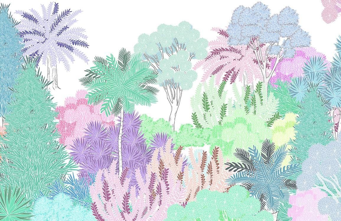 Pastel Tropical Botanical Paradise Mural Wallpaper in Soft Colourful Tones