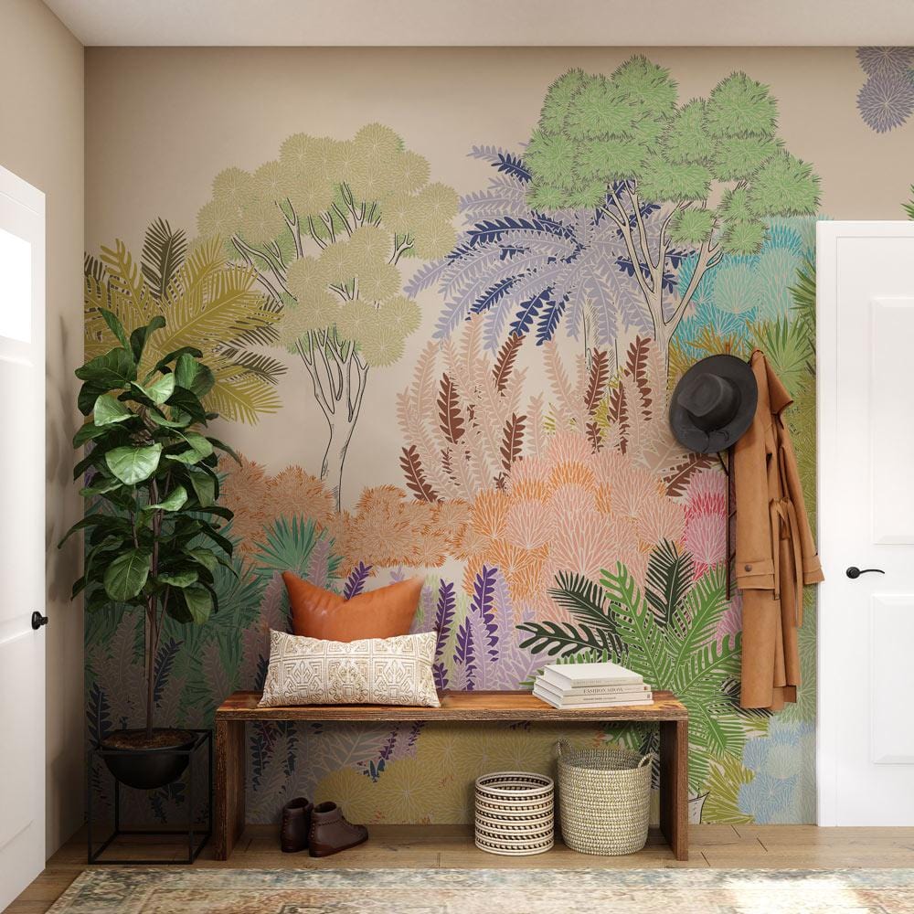 Colourful pastel jungle mural wallpaper in living room with wooden bench, beige walls, and green plants.