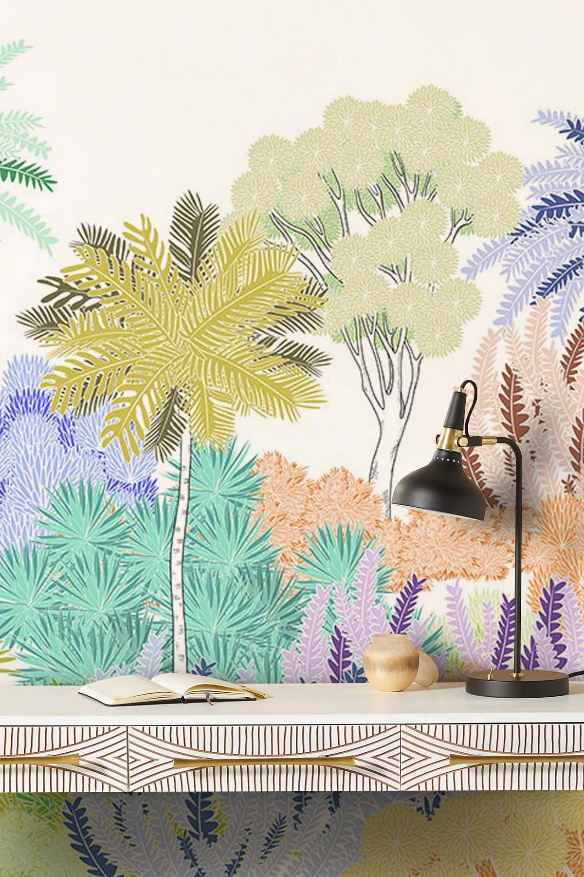 Colourful Pastel Tropical Jungle Mural Wallpaper, vibrant nature design, featuring desk, lamp, geometric accents.