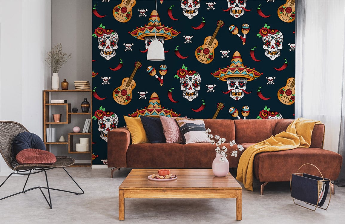 Vibrant Mexican festival skull guitar wallpaper; brown sofa, modern shelving, wood table; living room decor.